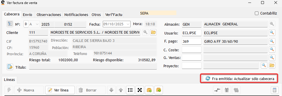 Botón Actualizar cabecera