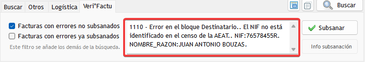 Detalle del error en factura