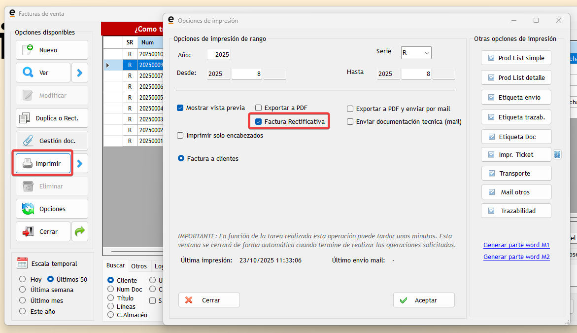 Impresión de factura rectificativa