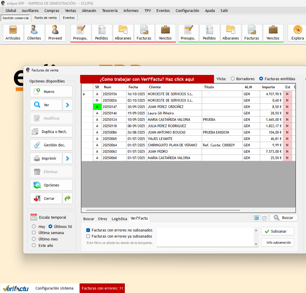 Listado de facturas con errores